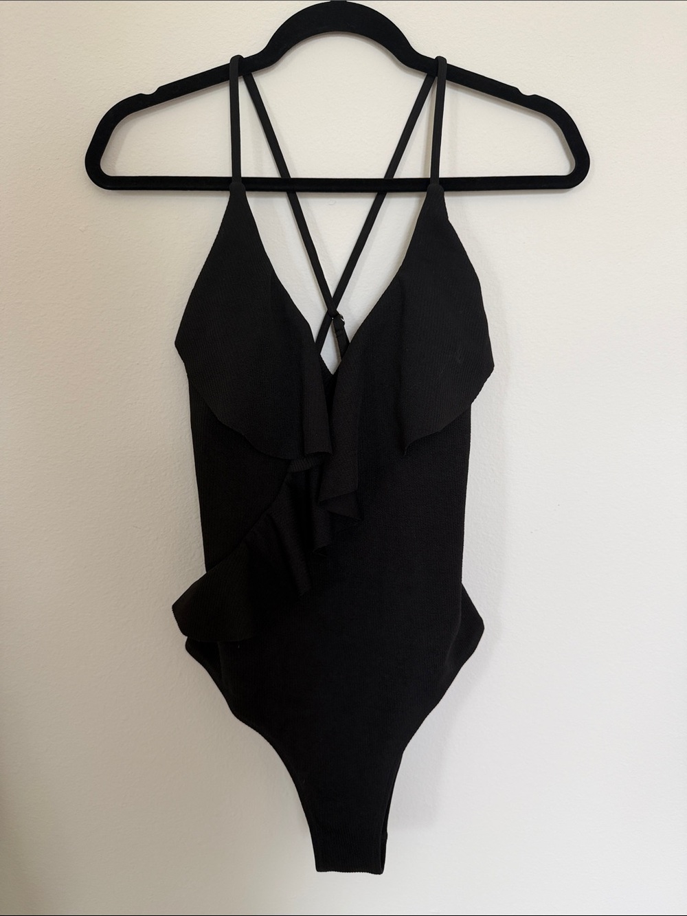 Cupshe Black Ruffle One-Piece Bodysuit with Crisscross adjustable Straps